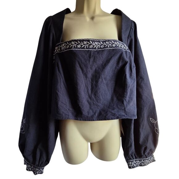 NWT Cider Plus 2X Navy Floral Embroidery Square Neck Curve Peasant Blouse Top - Picture 2 of 15